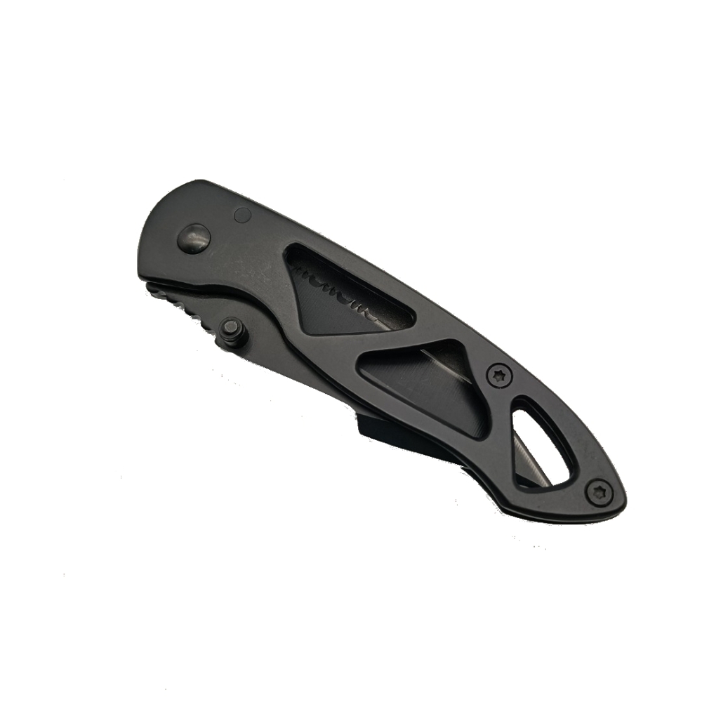 Canivete em aço inox e metal com fecho de segurança.