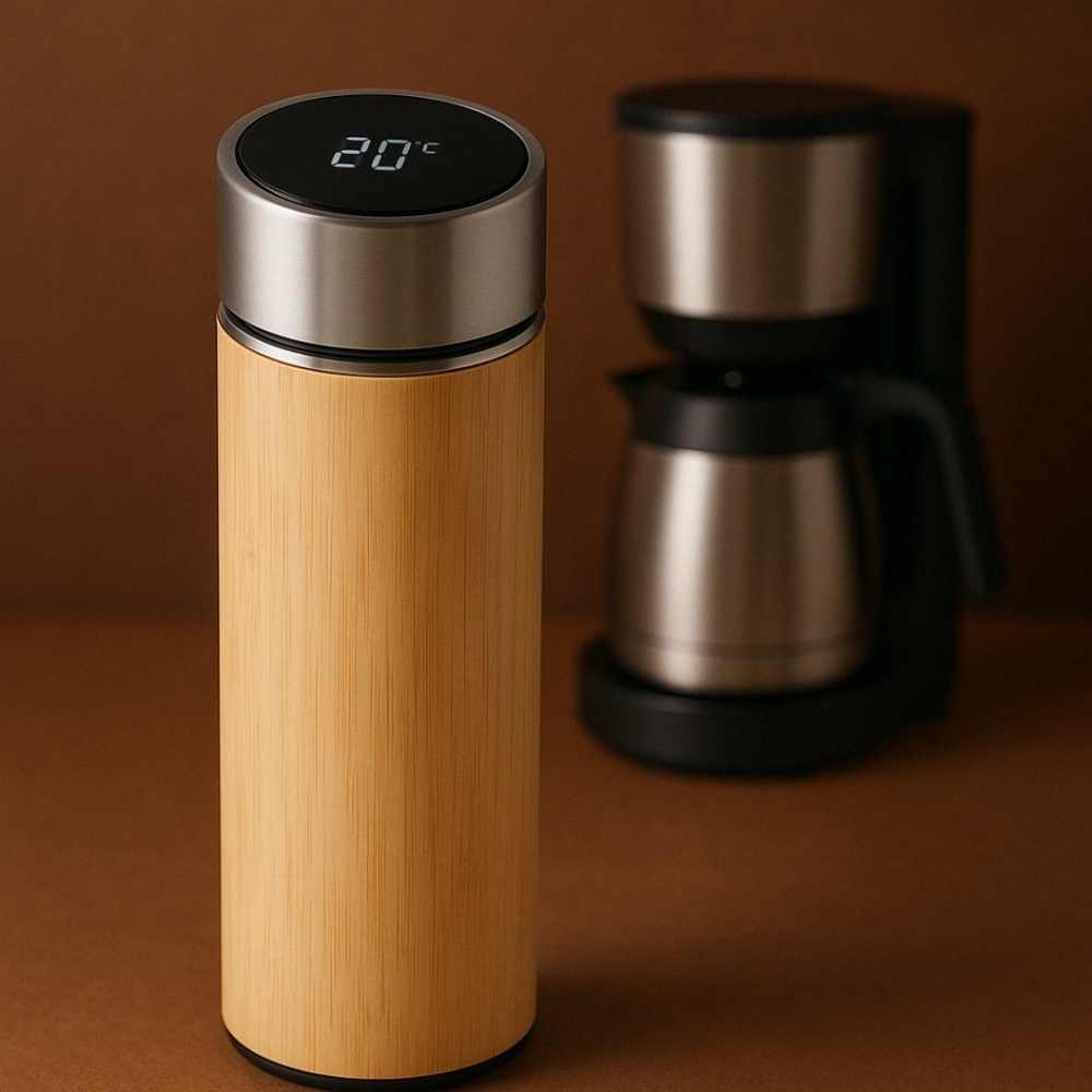 Squeeze térmico em aço inox e bambu com termômetro 430 mL